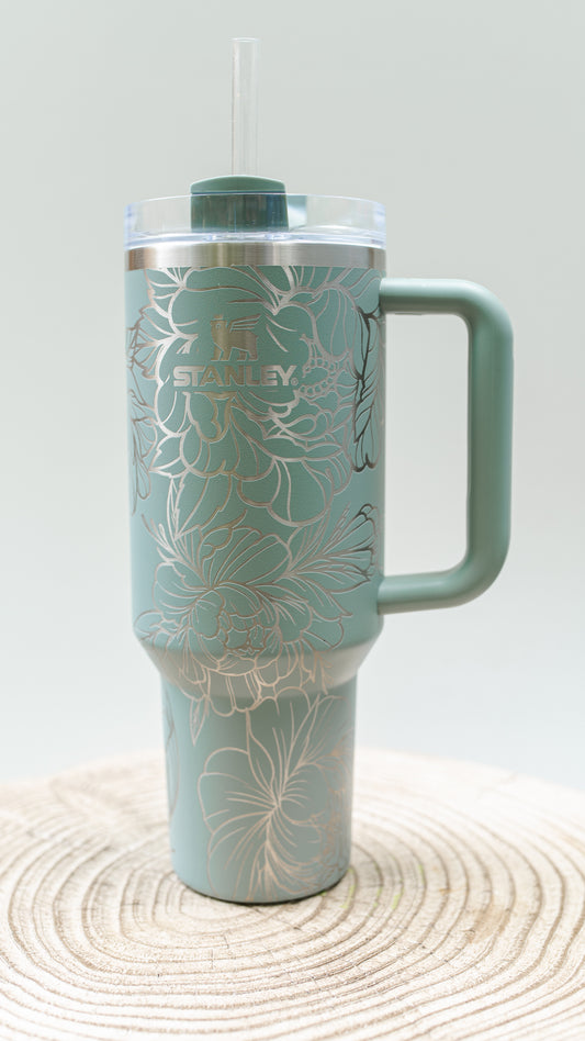 Peony Floral FULL WRAP Engraved 40oz Engraved Stanley Cup Tumbler with Handle